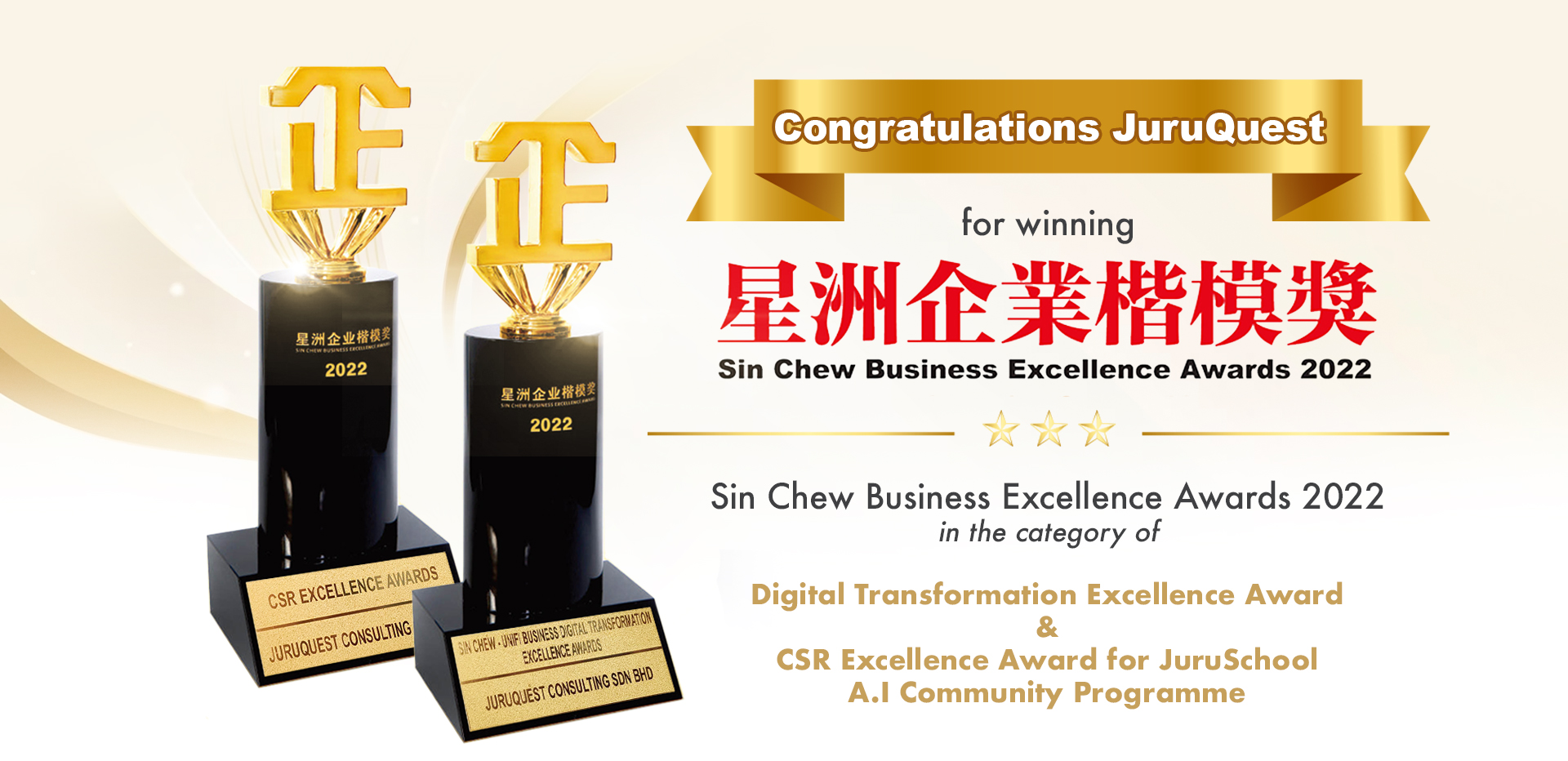 JuruQuest receiving the Sin Chew Business Excellence Awards 2022 — Digital Transformation Excellence Award and CSR Excellence Award for the JuruSchool AI Community Programme