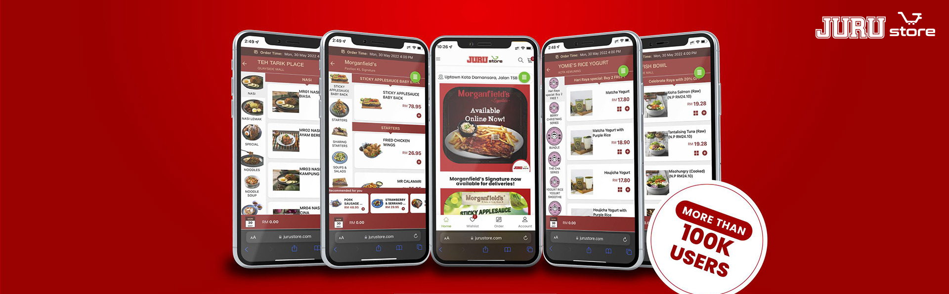 JuruStore app screens showing storefronts, listings and merchant deals