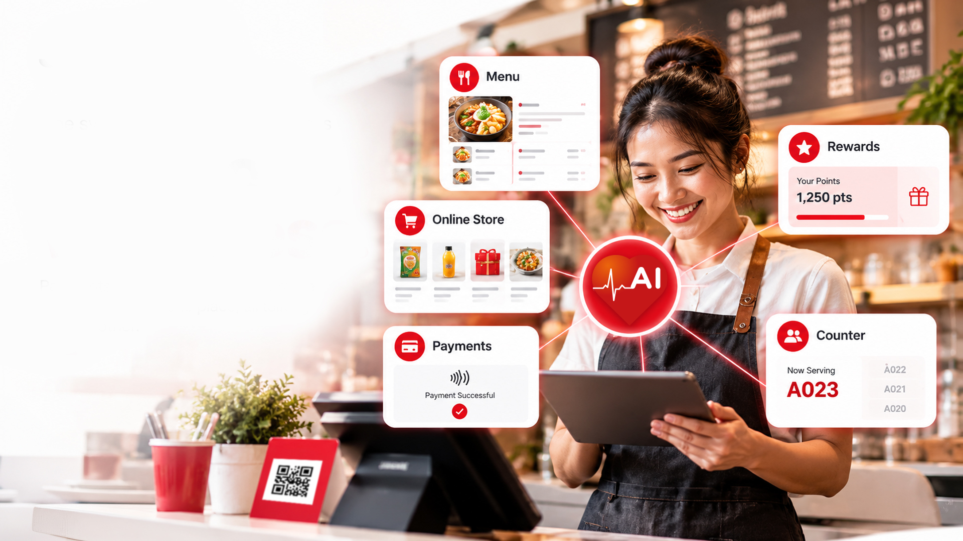 A café owner using Juru on a tablet, with menu, online store, payment, rewards and counter screens all feeding one AI core